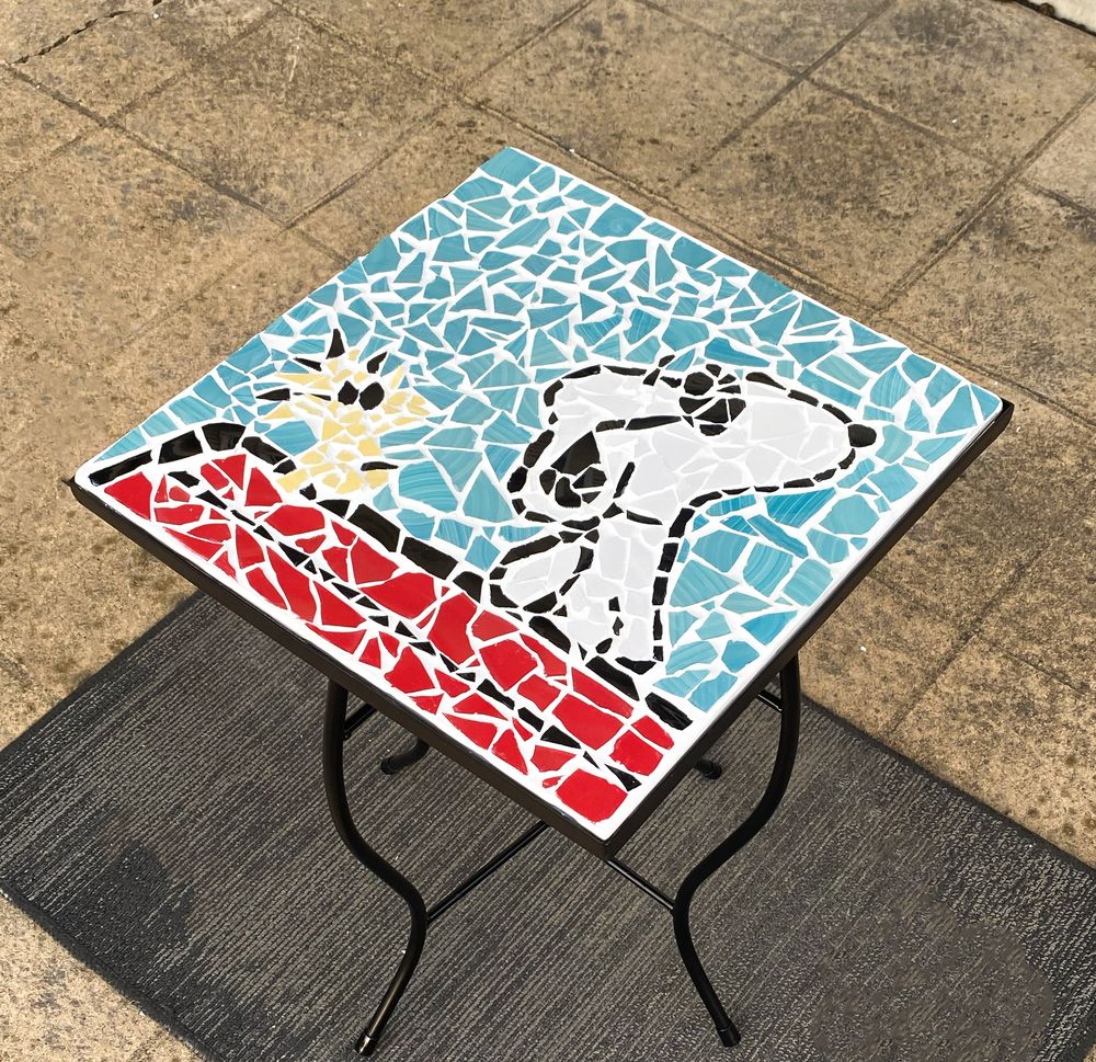 Mosaic Snoopy Inspired Side Table — after photo